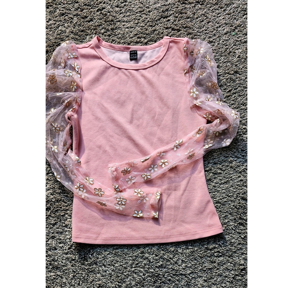SHEIN Pink Floral Mesh Sleeve‎ Top Size Small